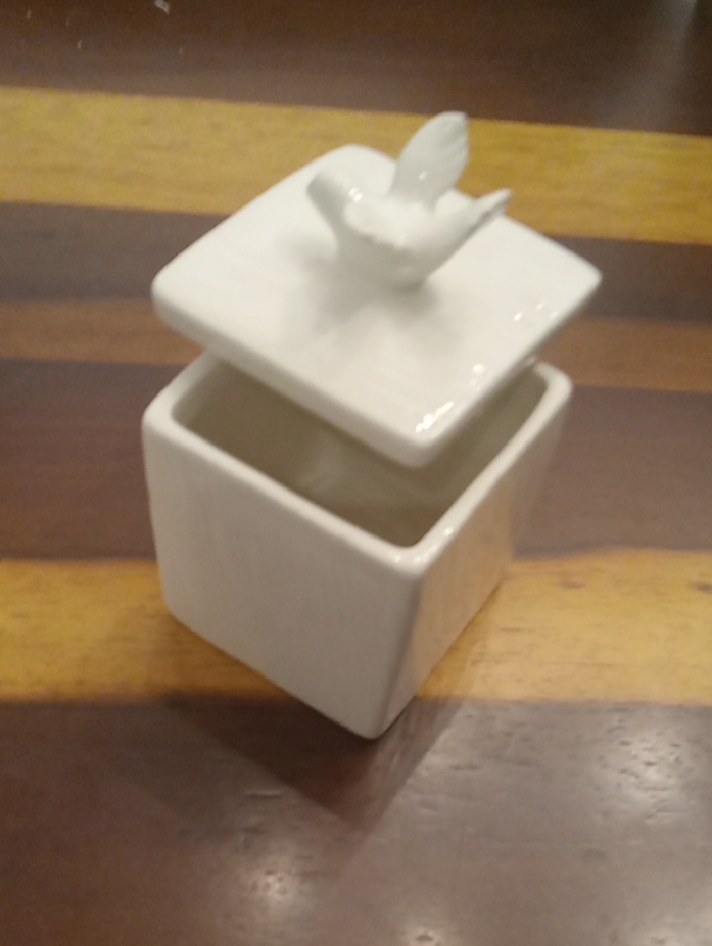 White Ceramic Square Trinket Box with Bird Lid